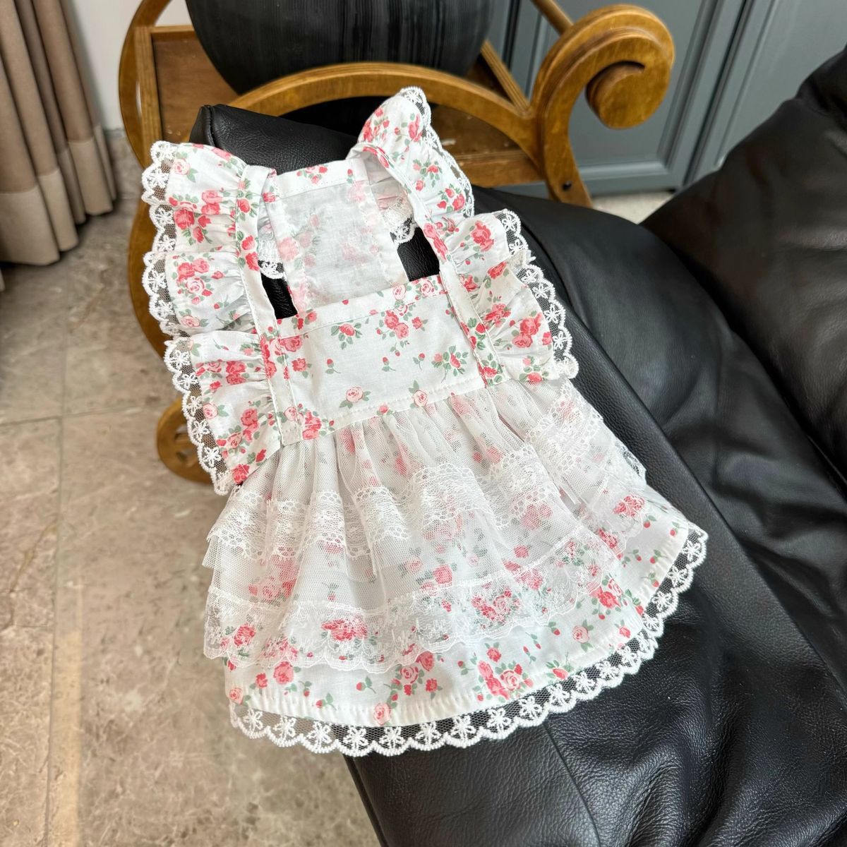 Floral Dog Dress with Lace Ruffles And Red Rose Pattern
